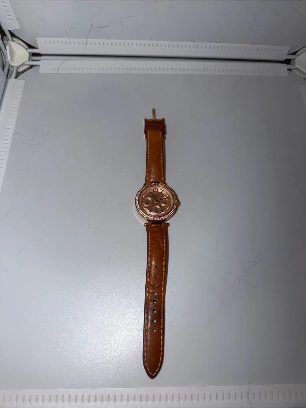Michael Kors Rose Gold Dial Watch with Brown Leather Strap